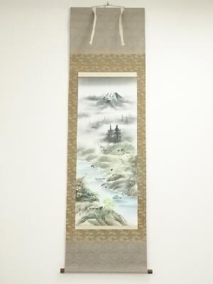 佳月筆　彩色山水　肉筆絹本掛軸